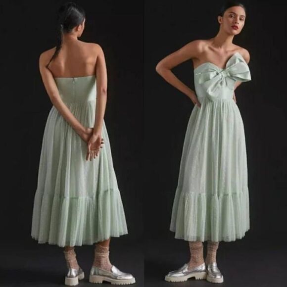 Anthropologie - Tulle Bow-tie Midi Dress In Green - Picture 2 of 6